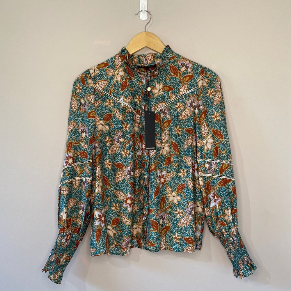 NEW Caballero Nickie Top in Nostalgia Floral Silk Cotton Ruffle Collar Small - Picture 4 of 7
